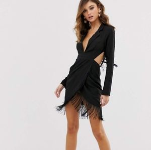 NWOT Fringe Wrap Plunge Tuxedo Dress w/ Cutouts